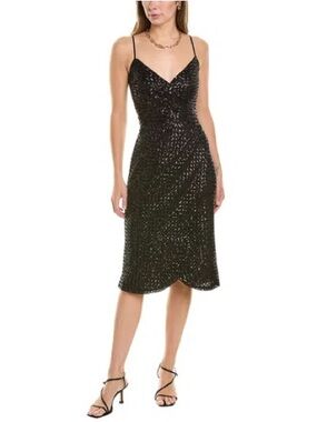 Nanette Lepore Black Sequin Midi Wrap Dress